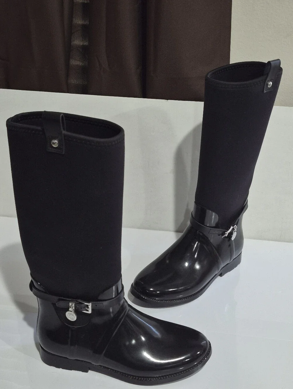 Micheal Kors Women's Black Knee-High Rain Boots with Buckle Detail Size 10